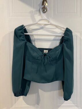 Aritzia Teal Puff-Sleeve Tie-Front Crop Top